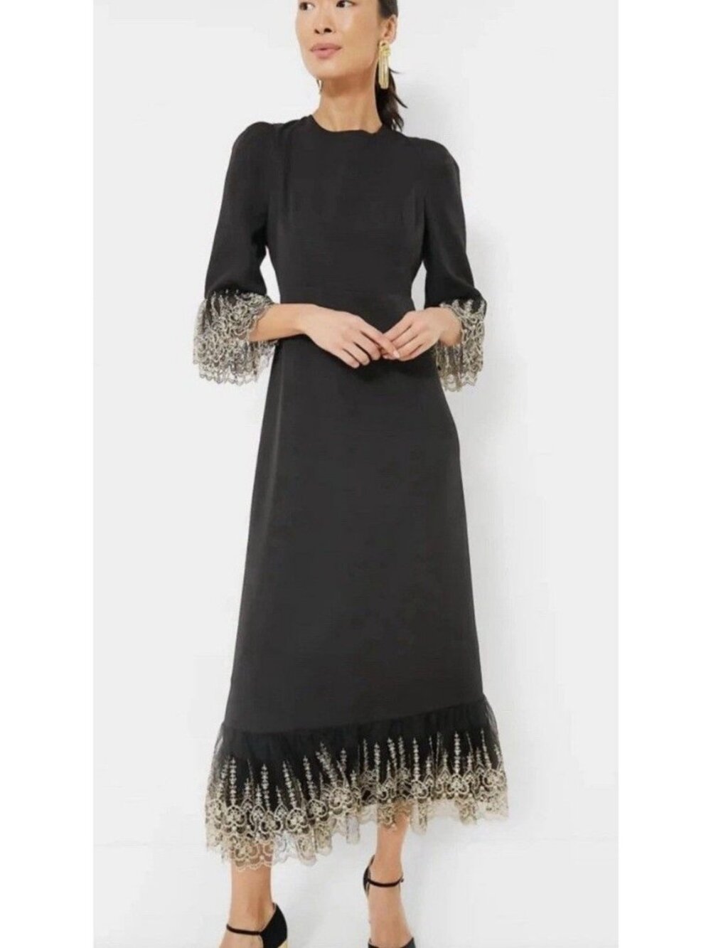 Pomander Place Black Lillith Gold Lace Dress Midi 3/4 Sleeve Cocktail M